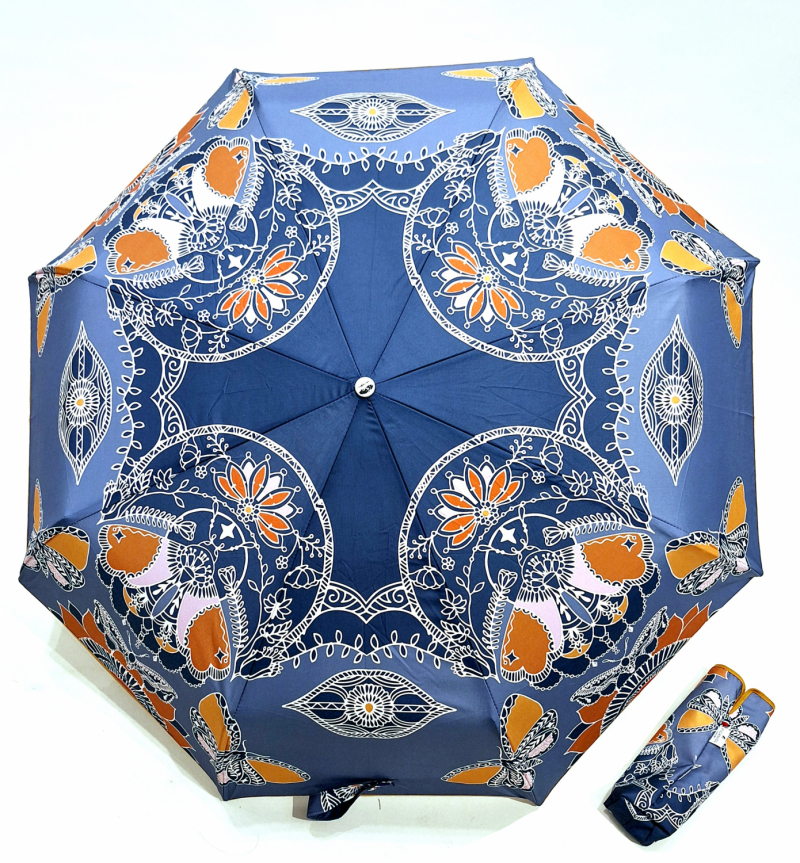 Parapluie mini français automatique ouvrant fermant bleu imprimé papillons Mandala Piganiol - Léger & résistant