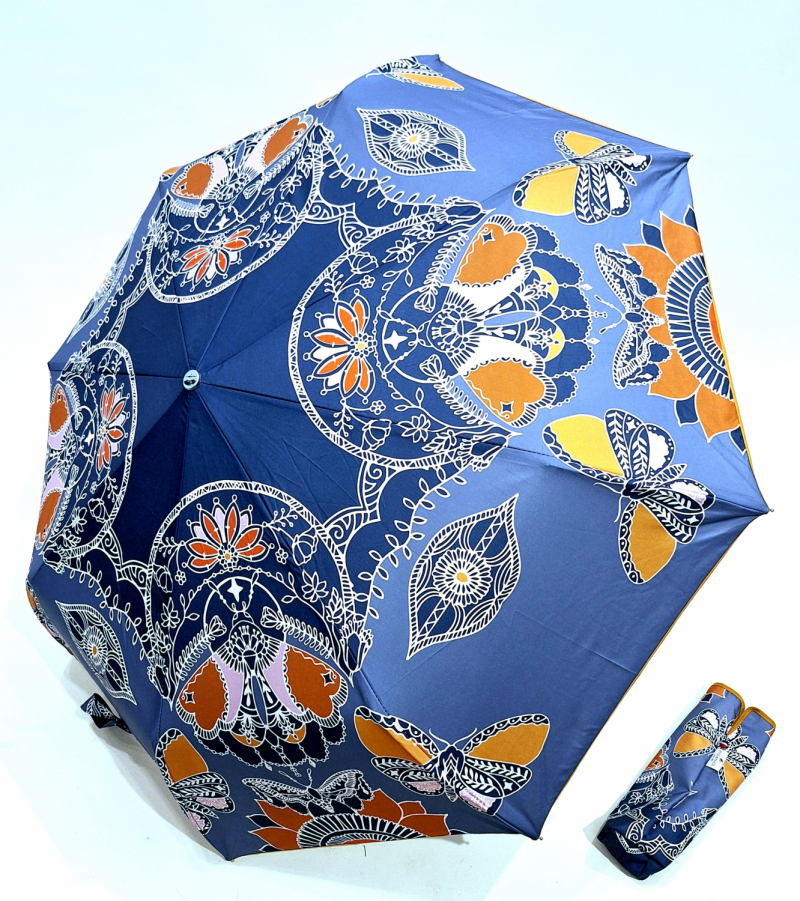 Parapluie mini français automatique ouvrant fermant bleu imprimé papillons Mandala Piganiol - Léger & résistant