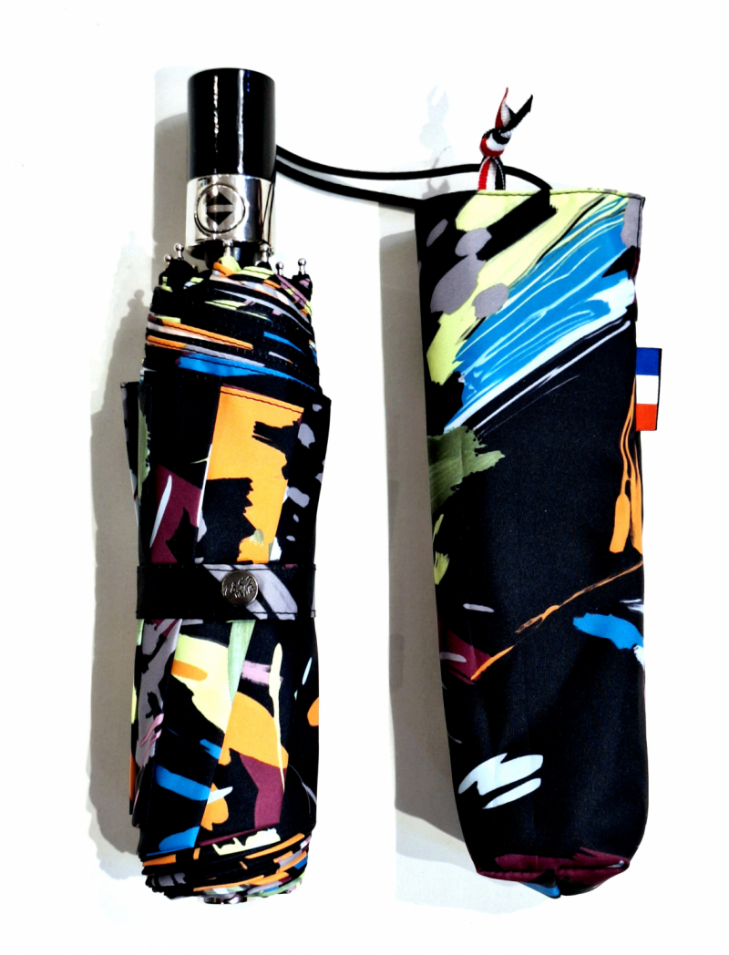 Parapluie mini pliant automatique noir imprimé peintures colorées Neyrat - Léger & résistant