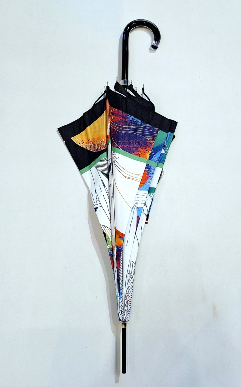 Parapluie grand manuel blanc & coloré mprimé FLEURS D'ACIER Aurillac - léger & résistant