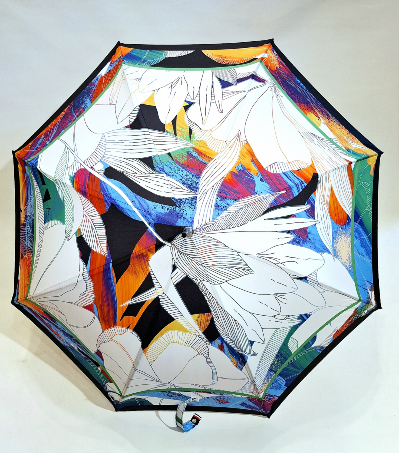 Parapluie grand manuel blanc & coloré mprimé FLEURS D'ACIER Aurillac - léger & résistant