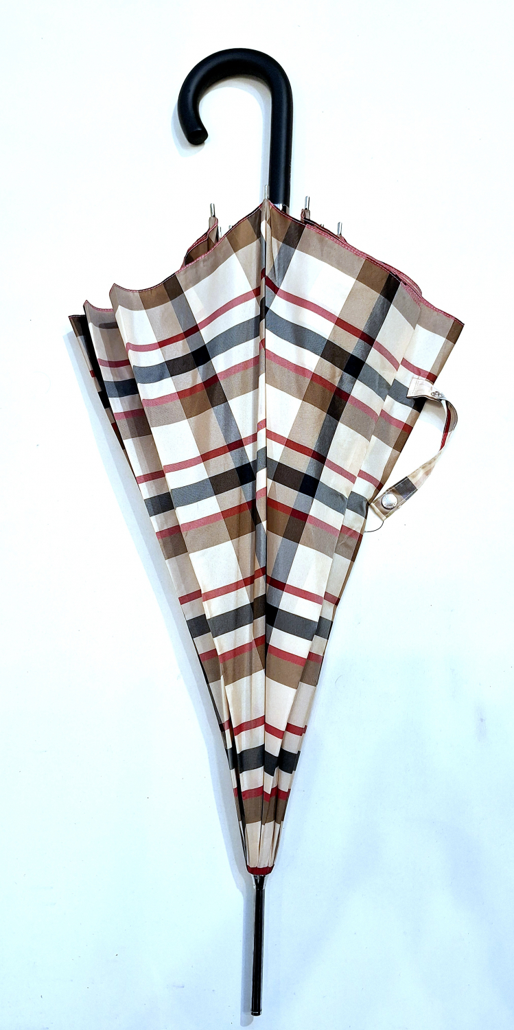 Parapluie long automatique beige & marron imprimé ecossais 
