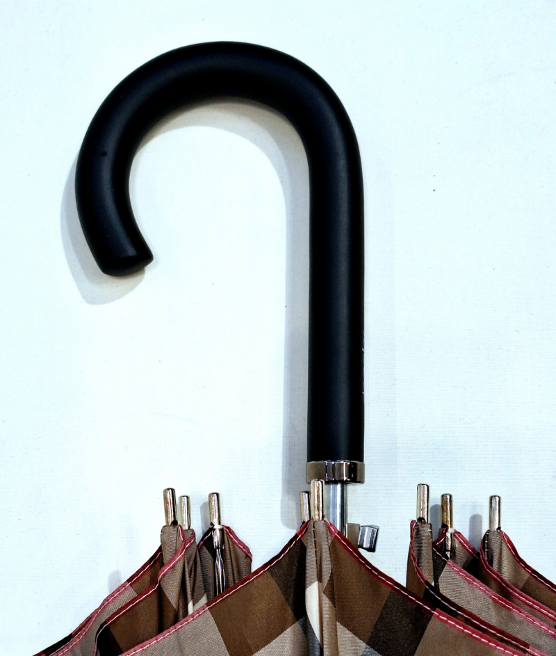 Parapluie long automatique beige & marron imprimé ecossais 