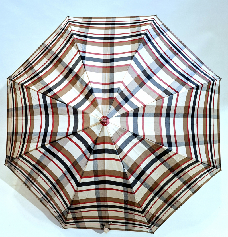 Parapluie long automatique beige & marron imprimé ecossais 