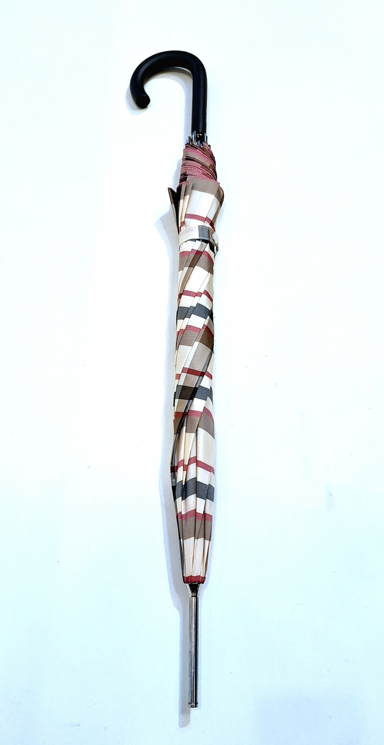 Parapluie long automatique beige & marron imprimé ecossais 