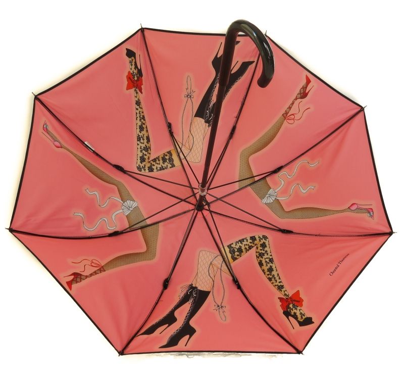 Parapluie Chantal Thomass long noir doublé avec un motif rose de jambes sexy, original et résistant