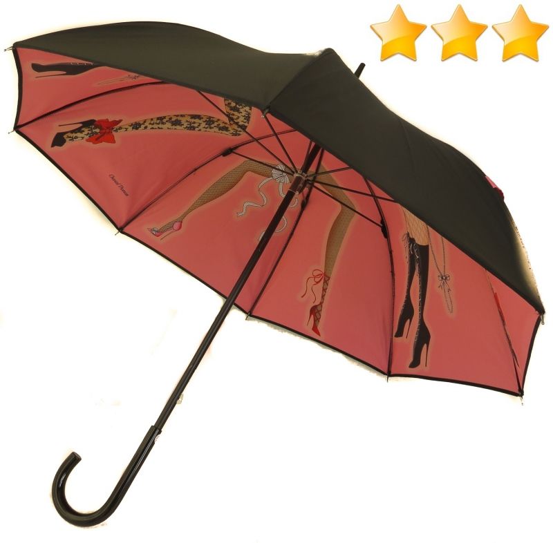 Parapluie Chantal Thomass long noir doublé avec un motif rose de jambes sexy, original et résistant