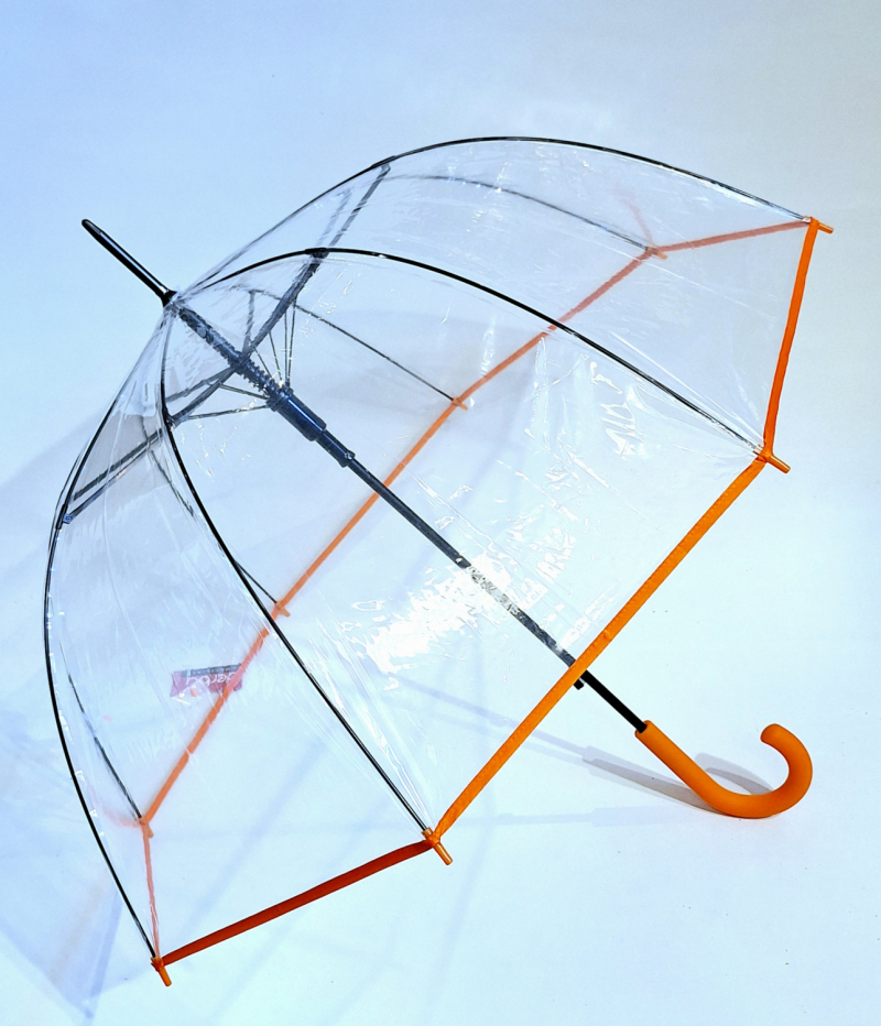 Parapluie transparent CLOCHE Pas Cher long automatique ganse orange 8 branches carbone Doppler - léger & solide 