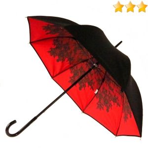 Parapluie Chantal Thomass de luxe long noir doublé rouge imprimé dentelle noire, élégant et résistant