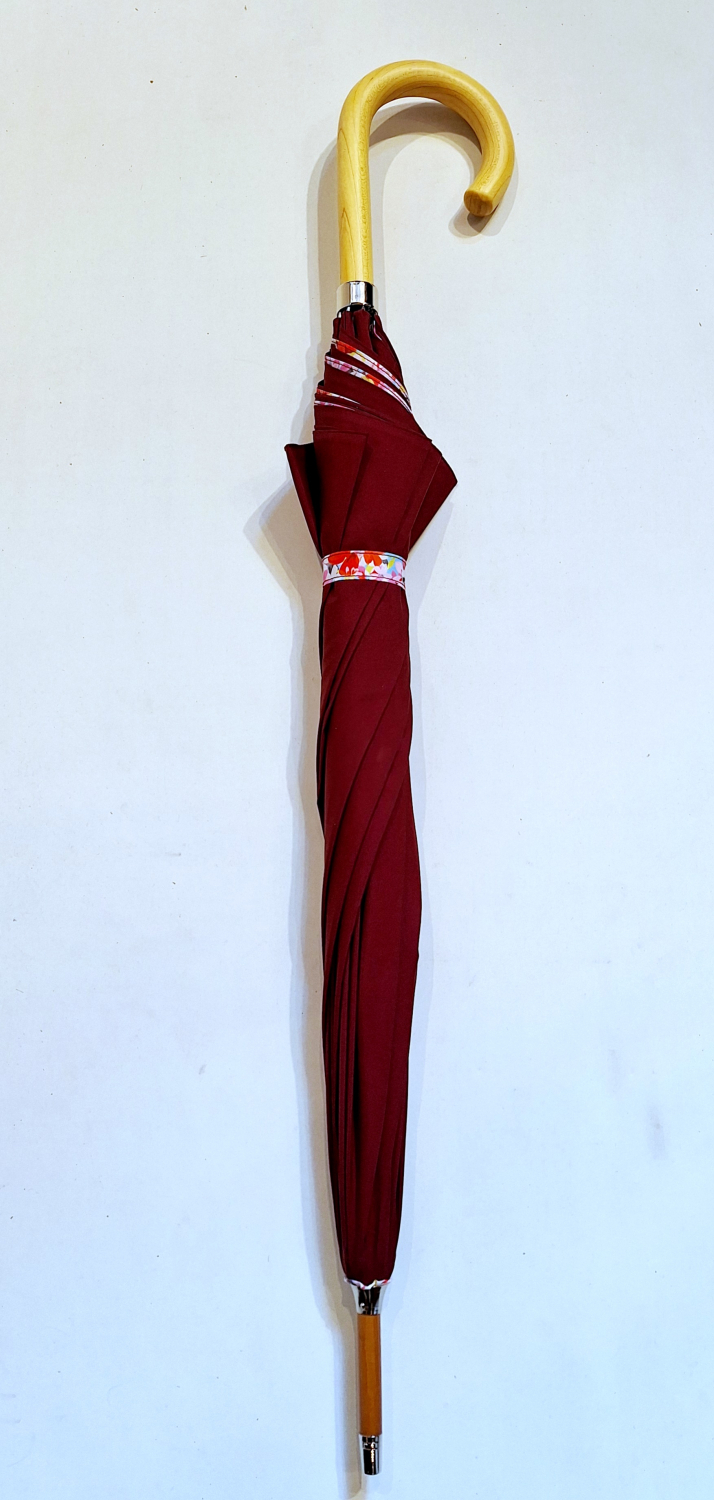 Parapluie long en bois doublé manuel bordeaux anti uv à 100% s/ motif floral à l'intérieur Français - Classique & résistant 
