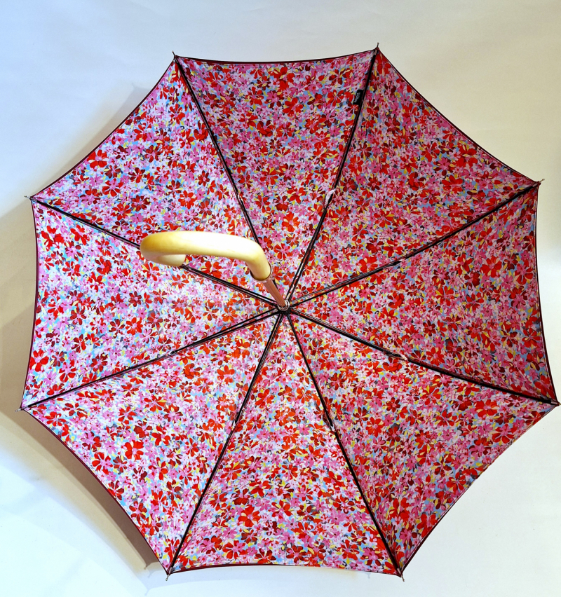 Parapluie long en bois doublé manuel bordeaux anti uv à 100% s/ motif floral à l'intérieur Français - Classique & résistant 