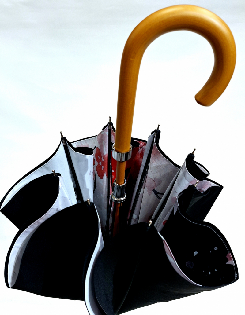 Parapluie long en bois original double toile manuel noir & rose s/ motif floral Japonisant & chat noir Neyrat Français - Grand & résistant 