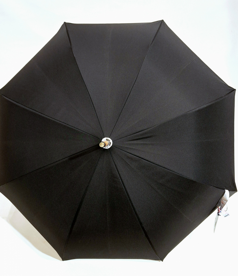 Parapluie long en bois original double toile manuel noir & rose s/ motif floral Japonisant & chat noir Neyrat Français - Grand & résistant 