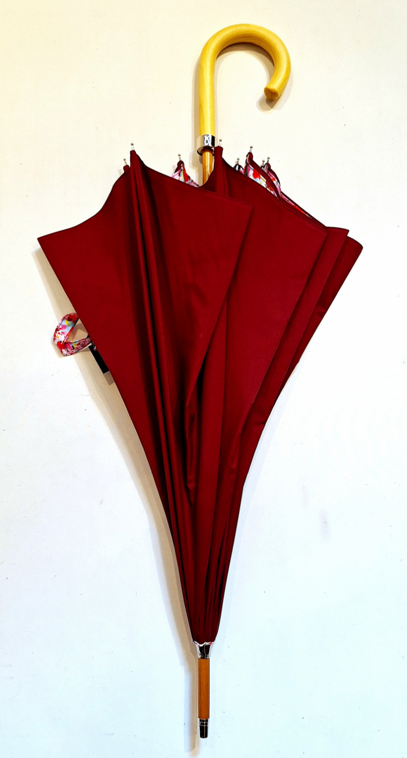 Parapluie long en bois doublé manuel bordeaux anti uv à 100% s/ motif floral à l'intérieur Français - Classique & résistant 