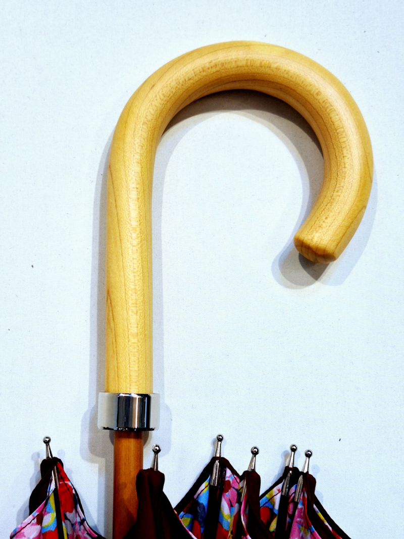 Parapluie long en bois doublé manuel bordeaux anti uv à 100% s/ motif floral à l'intérieur Français - Classique & résistant 