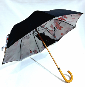 Parapluie long en bois original double toile manuel noir & rose s/ motif floral Japonisant & chat noir Neyrat Français - Grand & résistant 