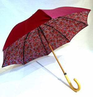 Parapluie long en bois doublé manuel bordeaux anti uv à 100% s/ motif floral à l'intérieur Français - Classique & résistant 