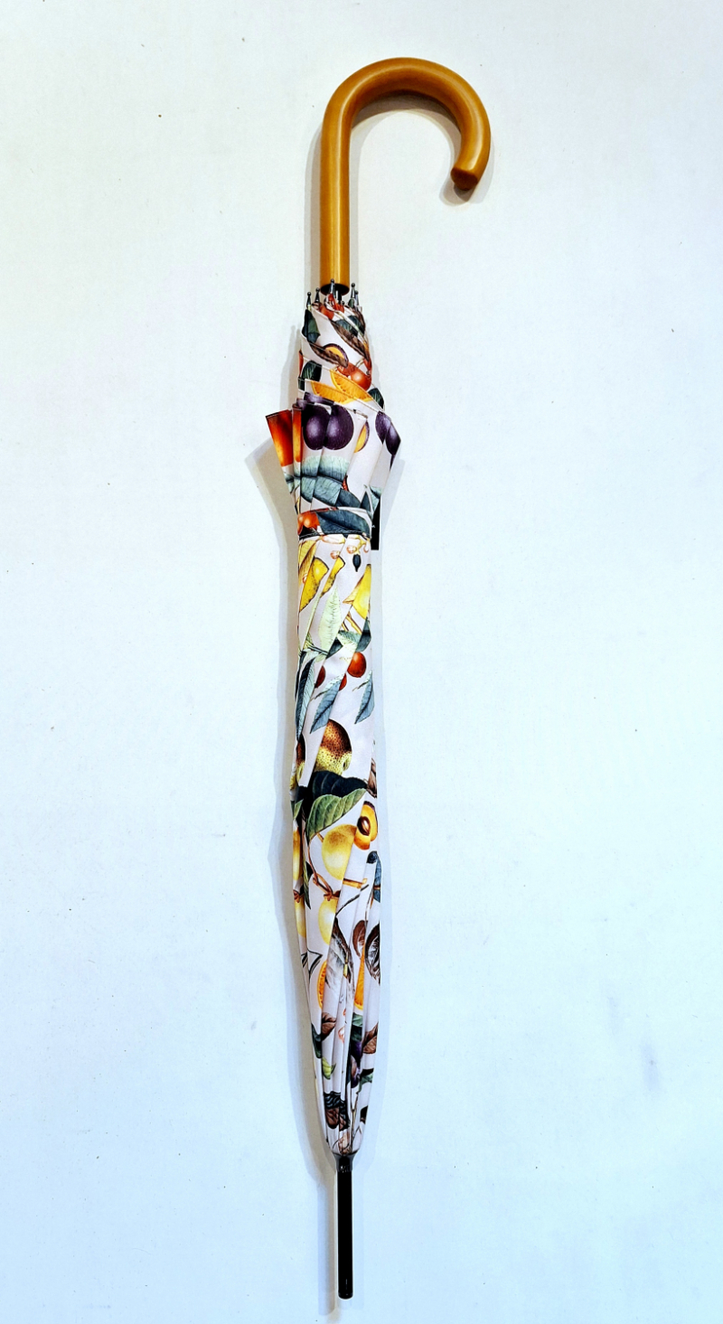 Parapluie grand automatique ivoire imprimé fruits Neyrat poignée bois - léger & résistant