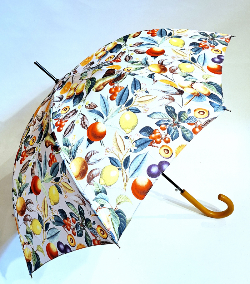 Parapluie grand automatique ivoire imprimé fruits Neyrat poignée bois - léger & résistant