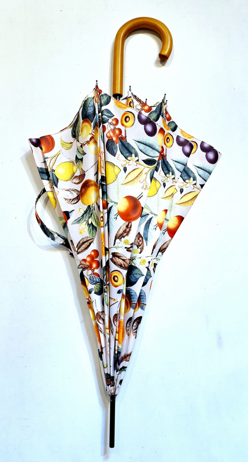 Parapluie grand automatique ivoire imprimé fruits Neyrat poignée bois - léger & résistant