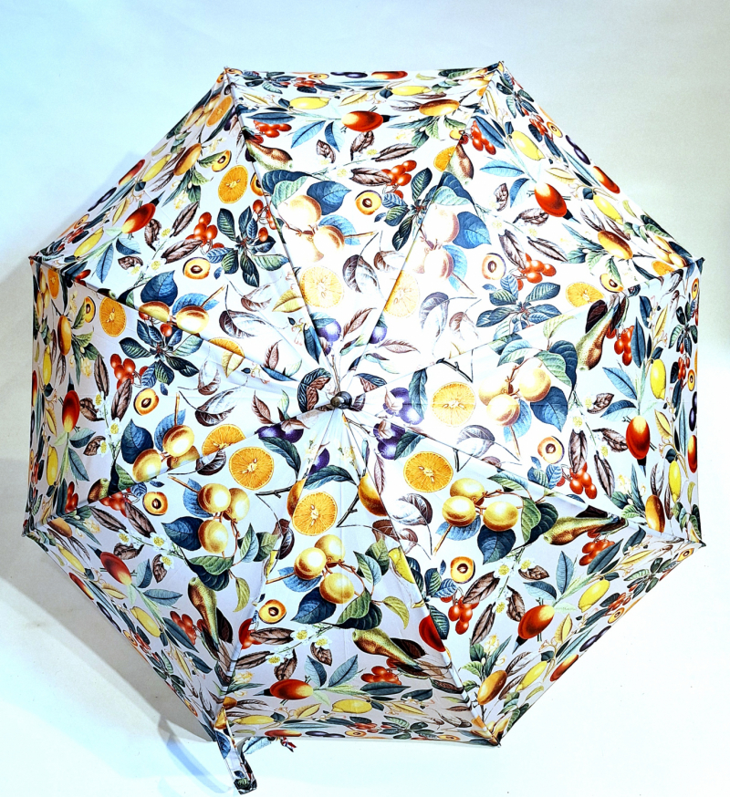 Parapluie grand automatique ivoire imprimé fruits Neyrat poignée bois - léger & résistant