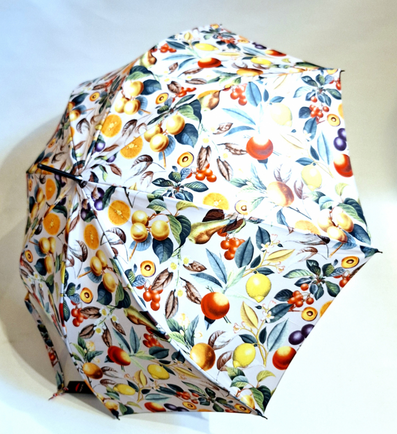 Parapluie grand automatique ivoire imprimé fruits Neyrat poignée bois - léger & résistant