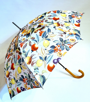 Parapluie grand automatique ivoire imprimé fruits Neyrat poignée bois - léger & résistant