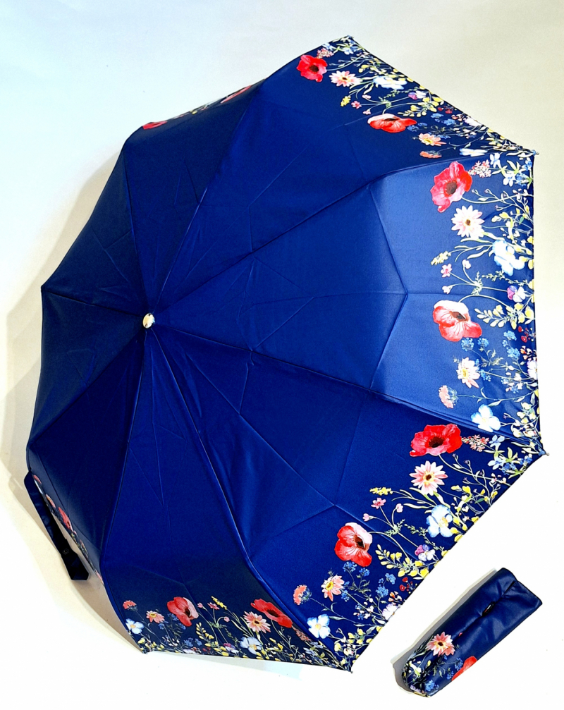 Parapluie élégant pliant automatique ouvré fermé bleu marine imprimé Coquelicot Neyrat Français - léger & résistant