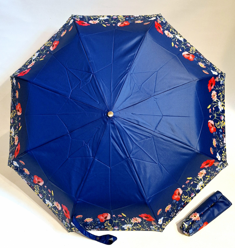 Parapluie élégant pliant automatique ouvré fermé bleu marine imprimé Coquelicot Neyrat Français - léger & résistant