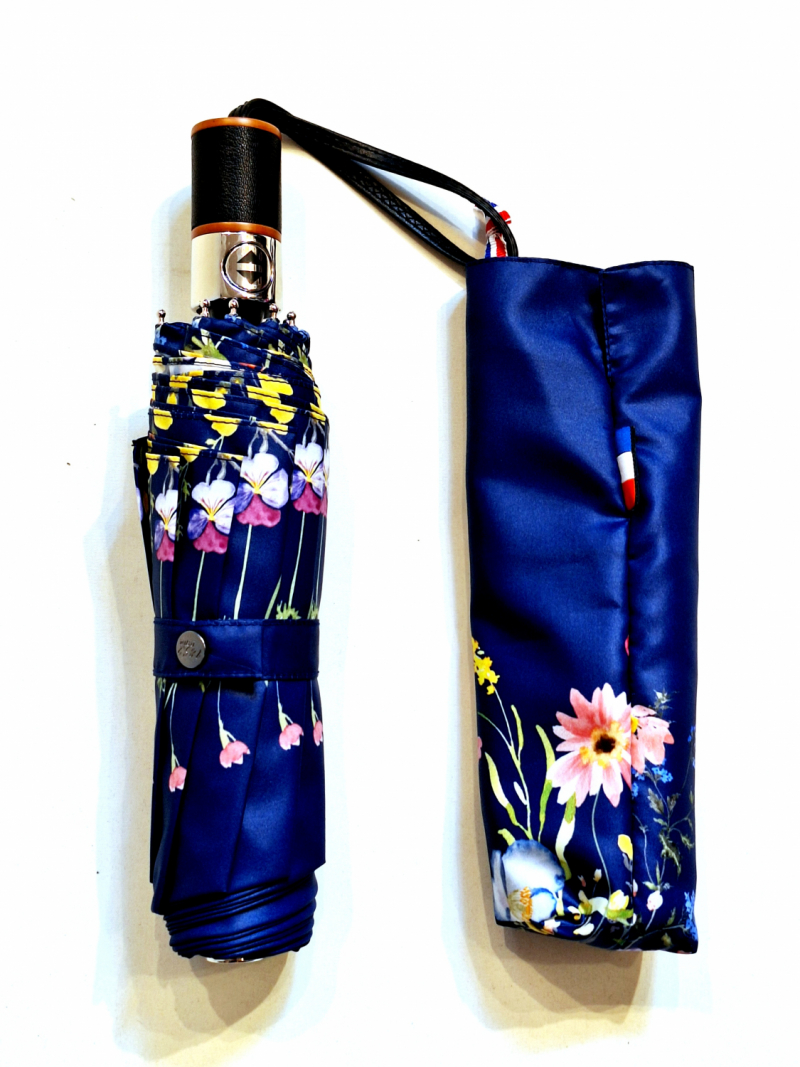 Parapluie élégant pliant automatique ouvré fermé bleu marine imprimé Coquelicot Neyrat Français - léger & résistant