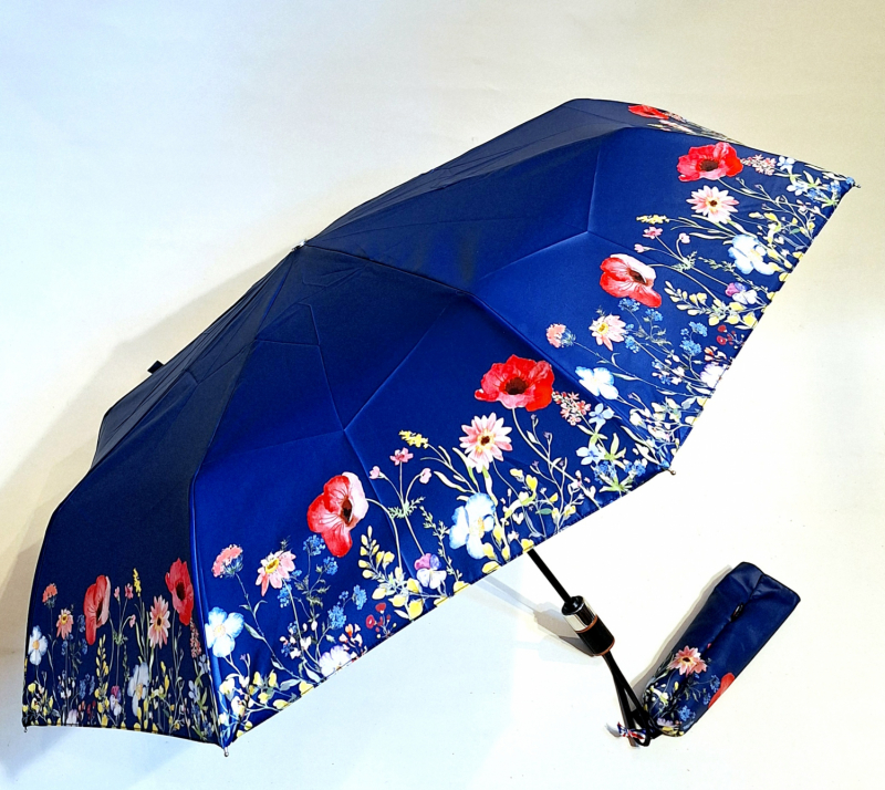 Parapluie élégant pliant automatique ouvré fermé bleu marine imprimé Coquelicot Neyrat Français - léger & résistant