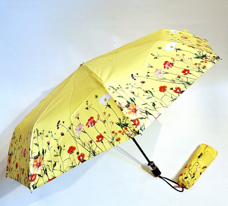 Parapluie mini pliant automatique open close jaune imprimé bord floral Neyrat Français - léger & résistant