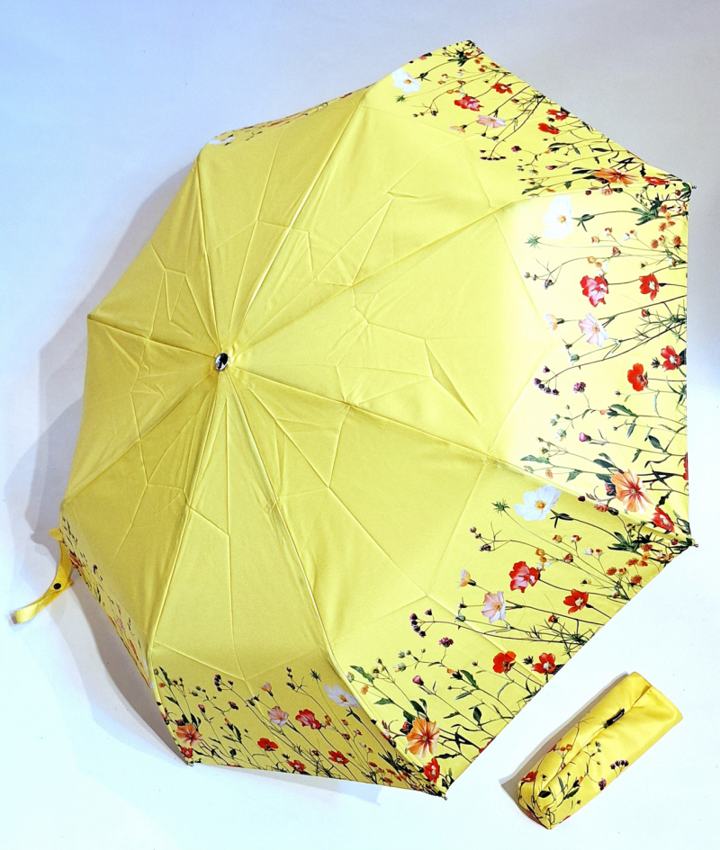 Parapluie mini pliant automatique open close jaune imprimé bord floral Neyrat Français - léger & résistant