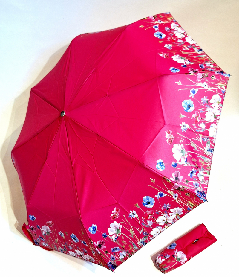 Parapluie mini pliant automatique ouvert/fermé rose imprimé bord floral Neyrat Français - léger & résistant