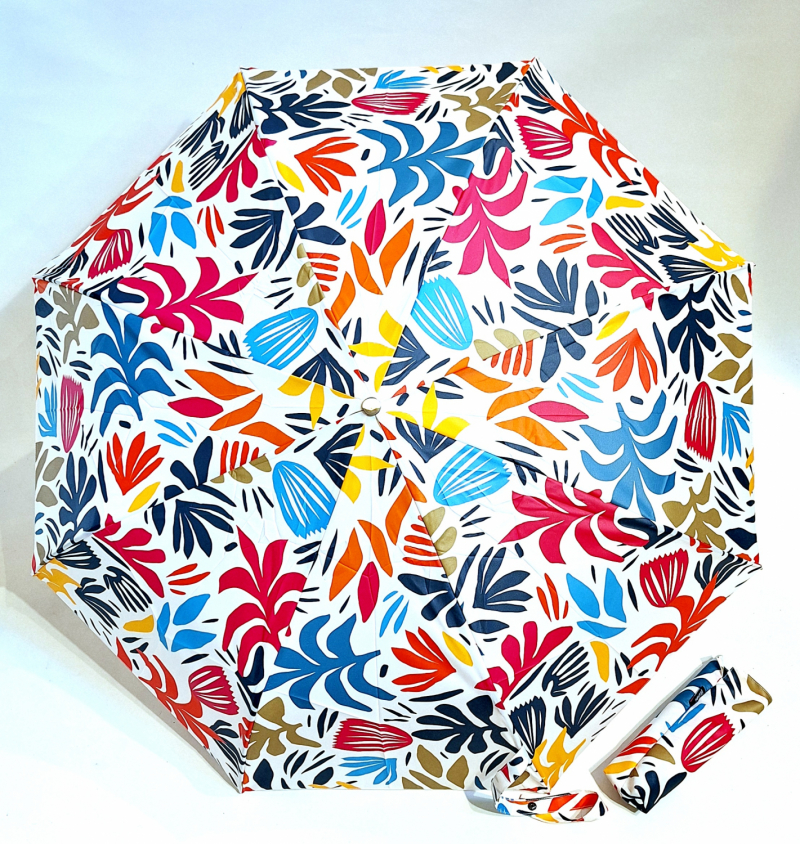 Parapluie mini pliable automatique Op/Cl ivoire imprimé de feuilles peintes stylisées 