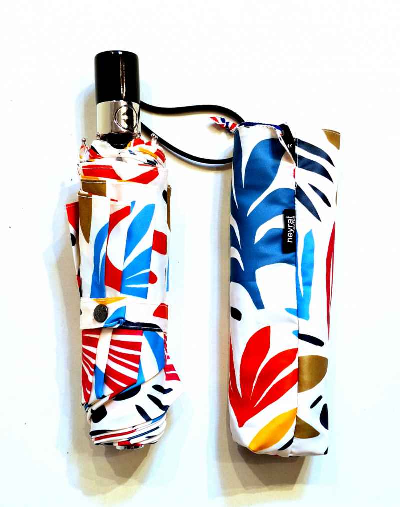 Parapluie mini pliable automatique Op/Cl ivoire imprimé de feuilles peintes stylisées 