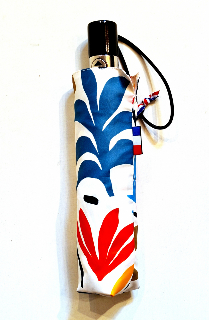 Parapluie mini pliable automatique Op/Cl ivoire imprimé de feuilles peintes stylisées 