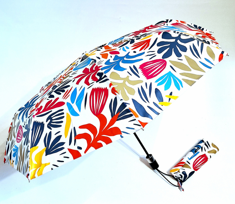 Parapluie mini pliable automatique Op/Cl ivoire imprimé de feuilles peintes stylisées 