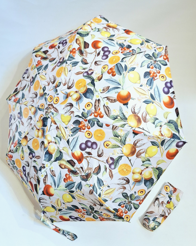 Parapluie mini pliable automatique Op/Cl ivoire imprimé de fruits Neyrat Autun - léger & résistant