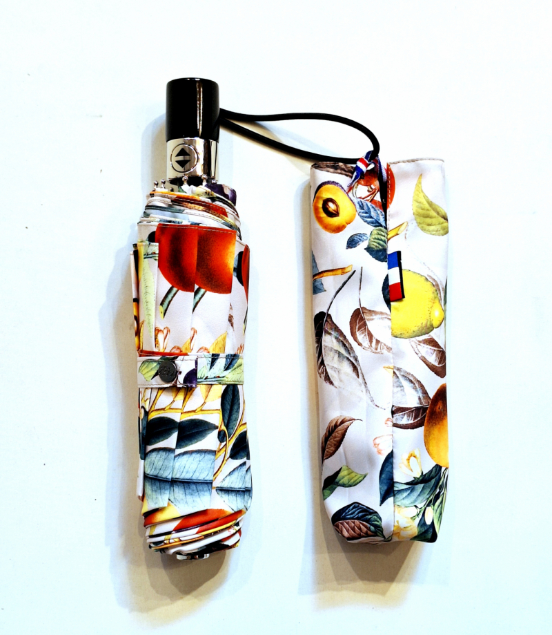 Parapluie mini pliable automatique Op/Cl ivoire imprimé de fruits Neyrat Autun - léger & résistant