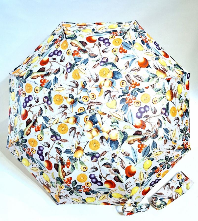 Parapluie mini pliable automatique Op/Cl ivoire imprimé de fruits Neyrat Autun - léger & résistant