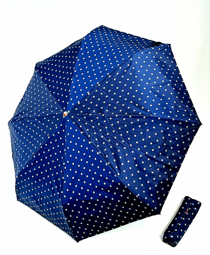 Parapluie mini pliant automatique ouvrant fermant Tissu Jacquard Bleu marine imprimé pois Français - Chic & résistant