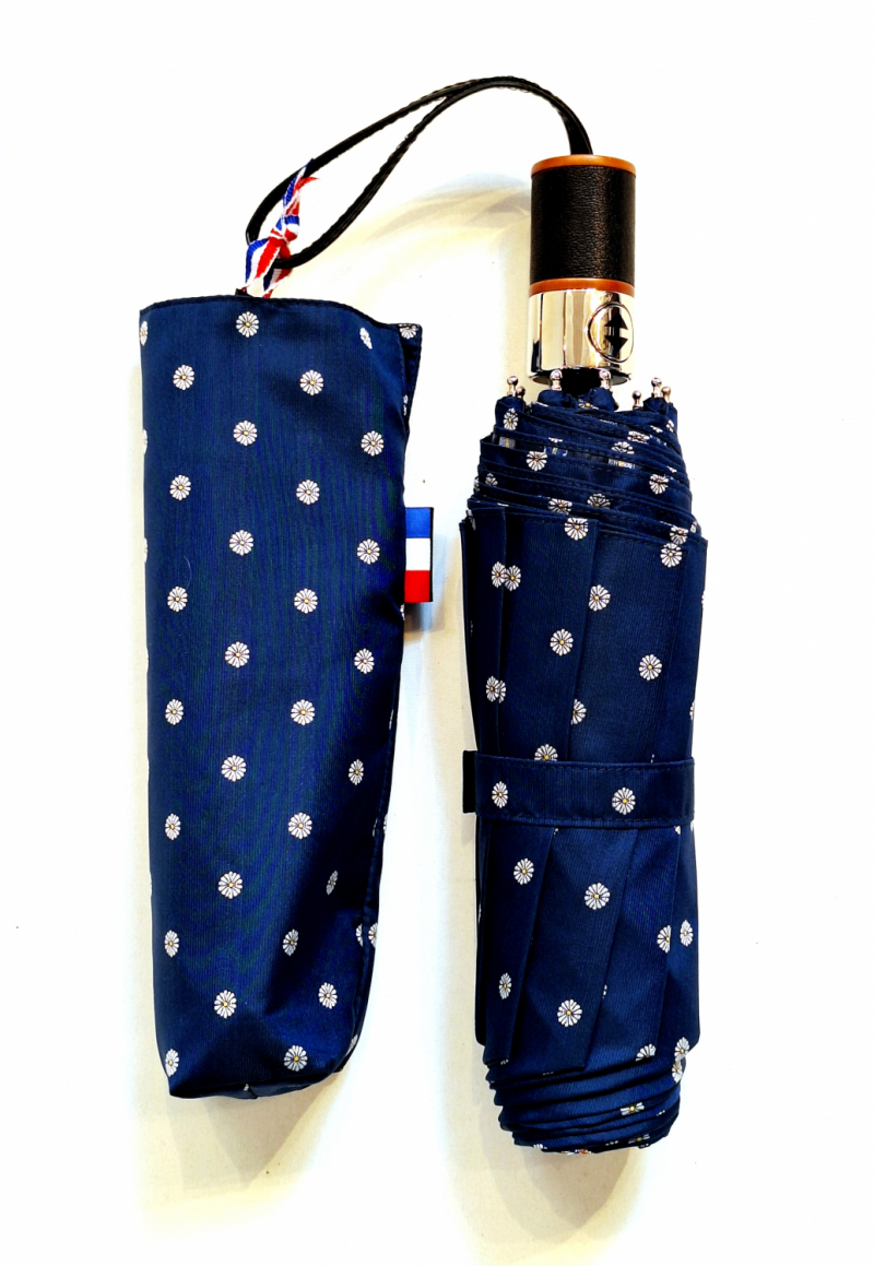 Parapluie mini pliant automatique ouvrant fermant Tissu Jacquard Bleu marine imprimé pois Français - Chic & résistant