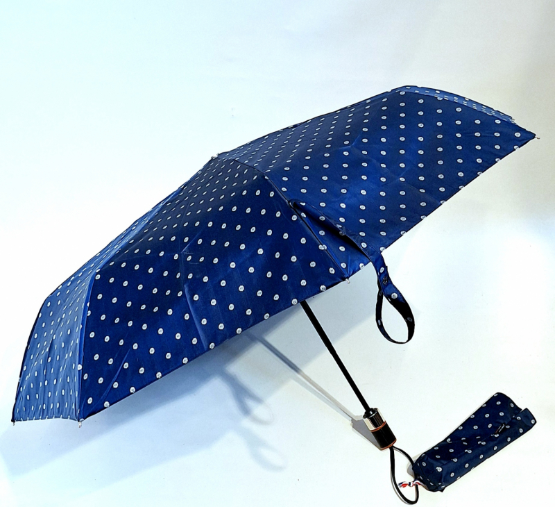 Parapluie mini pliant automatique ouvrant fermant Tissu Jacquard Bleu marine imprimé pois Français - Chic & résistant