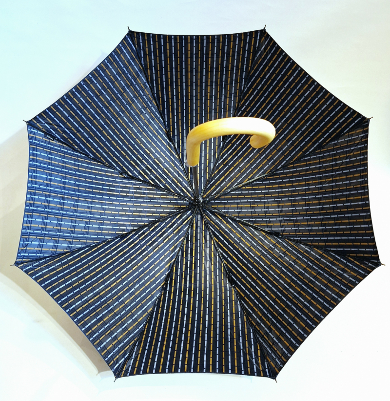 Parapluie grand luxe Française automatique poignée bois Tissu Jacquard bleu marine imprimé - Elégant & résistant