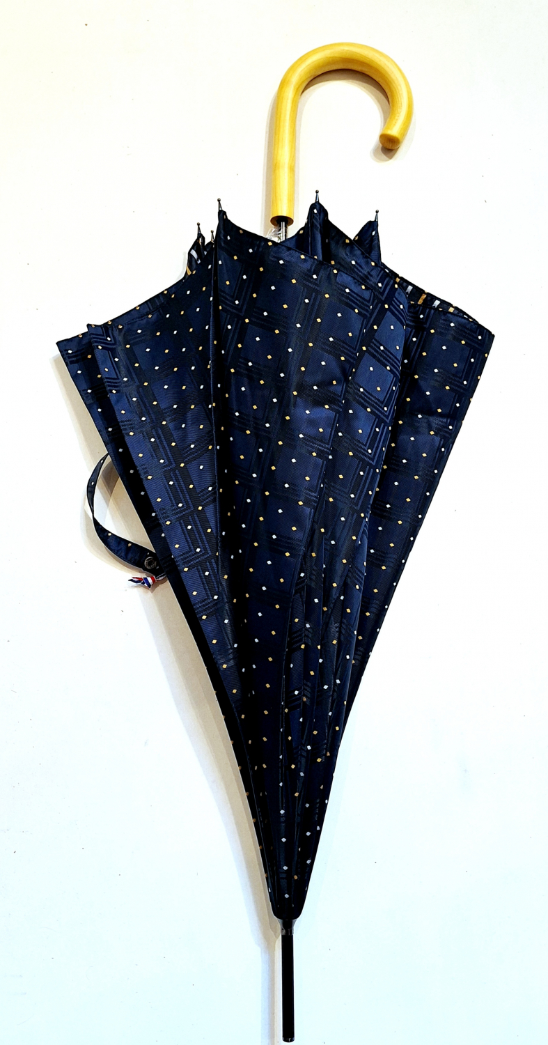 Parapluie grand luxe Française automatique poignée bois Tissu Jacquard bleu marine imprimé - Elégant & résistant