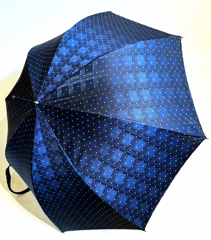 Parapluie grand luxe Française automatique poignée bois Tissu Jacquard bleu marine imprimé - Elégant & résistant
