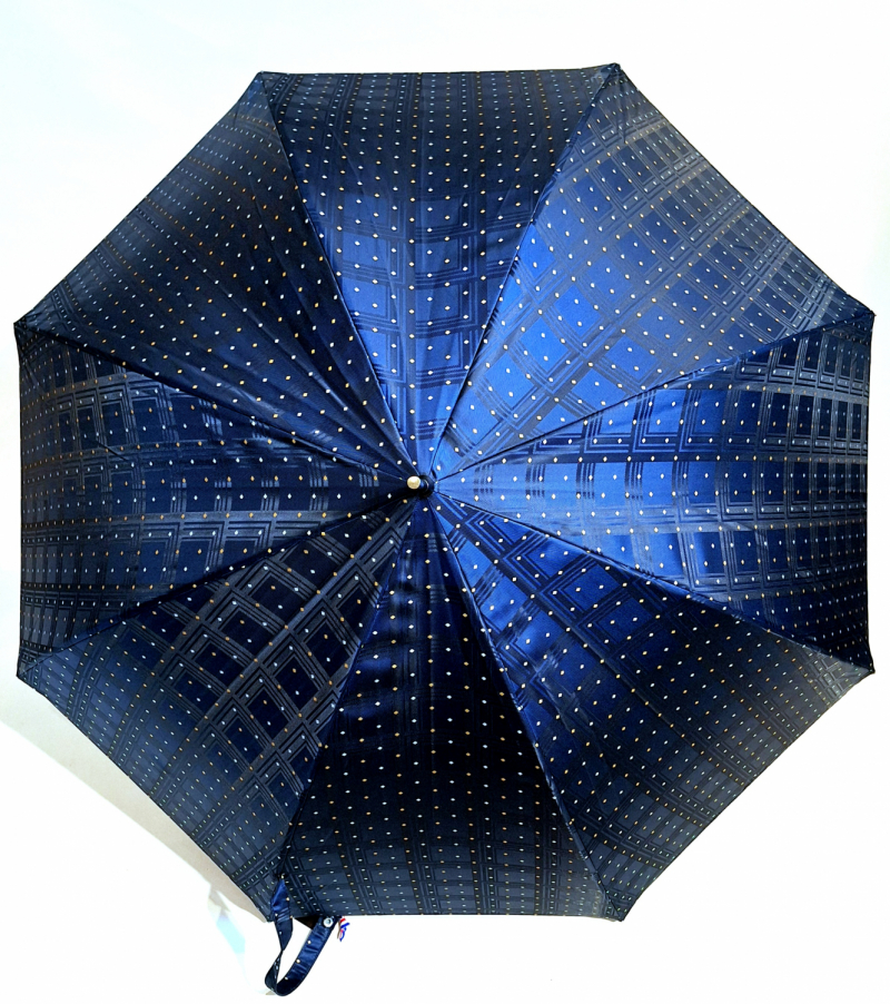 Parapluie grand luxe Française automatique poignée bois Tissu Jacquard bleu marine imprimé - Elégant & résistant