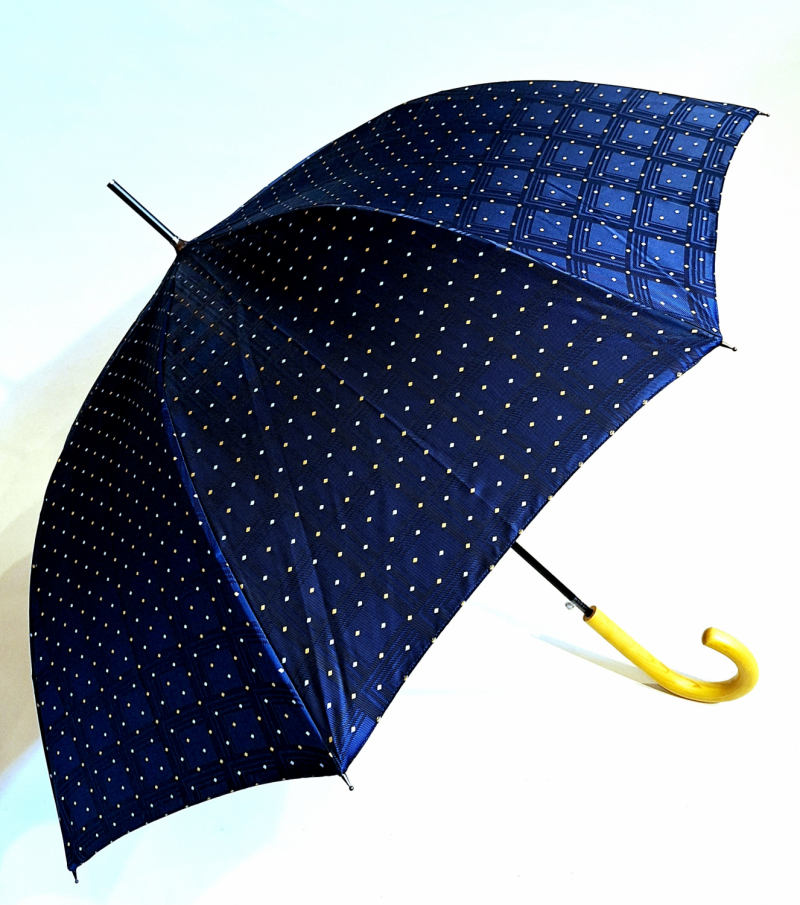 Parapluie grand luxe Française automatique poignée bois Tissu Jacquard bleu marine imprimé - Elégant & résistant