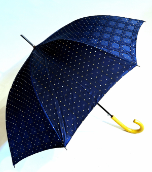 Parapluie grand luxe Française automatique poignée bois Tissu Jacquard bleu marine imprimé - Elégant & résistant